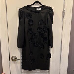 Classic Black Long-Sleeve Rosette Shift Dress by
